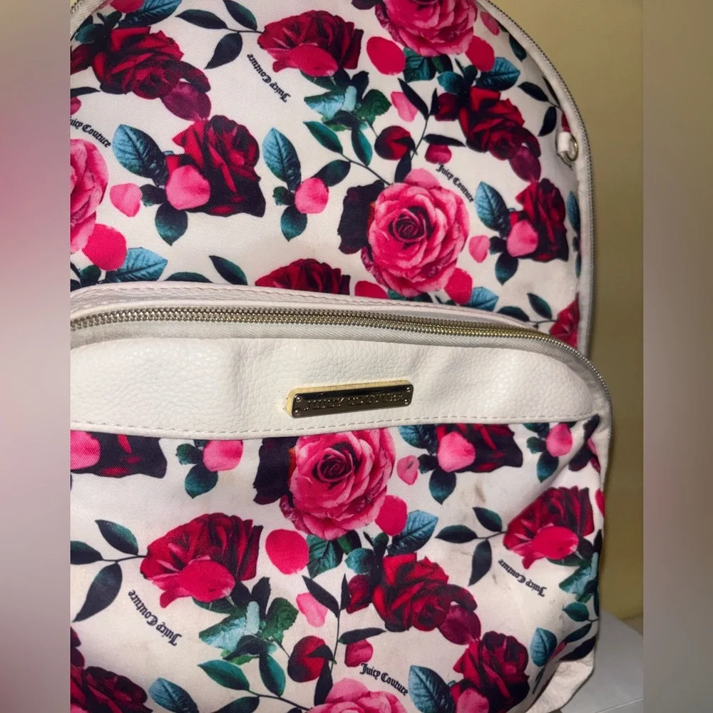 Juicy Couture Rose Pink Red White Backpack Floral  Zipper Whimsy Bookbag Y2K